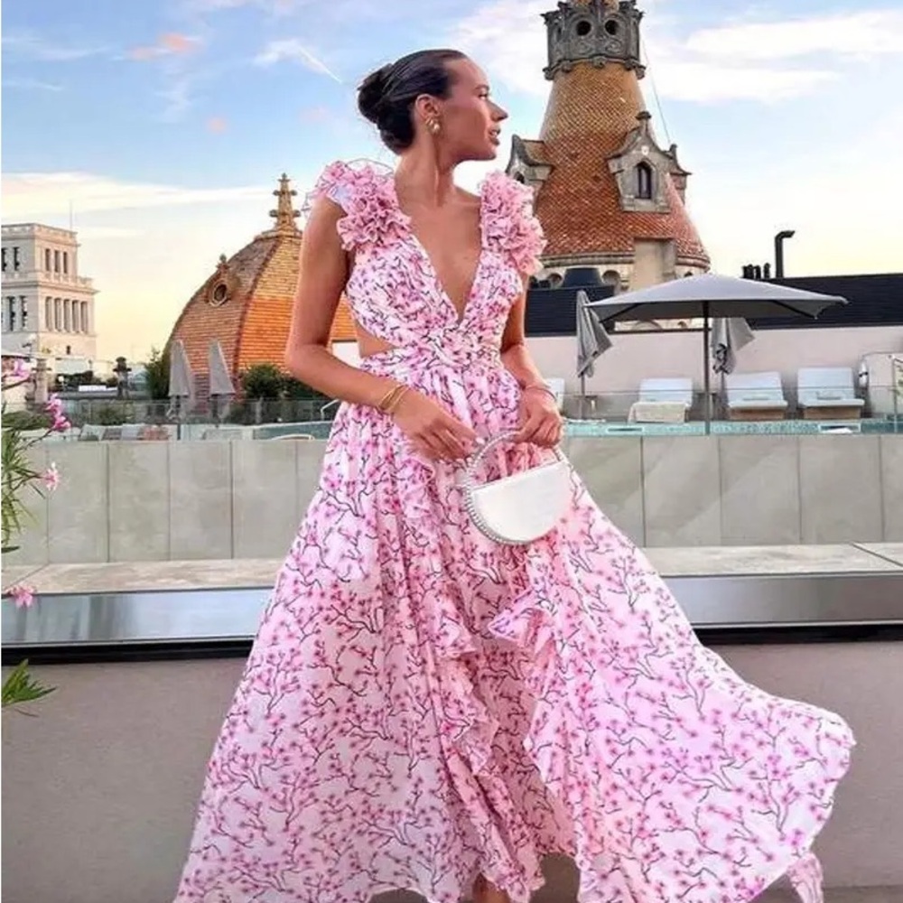 94- -NEW Pink Floral Ruffle Cutout Maxi Dress
